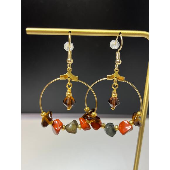 Earthy Gemstone - Glass Hoop Earrings, Gold Plated Hoops, Dangle Drop Earrings, - Picture 1 of 6